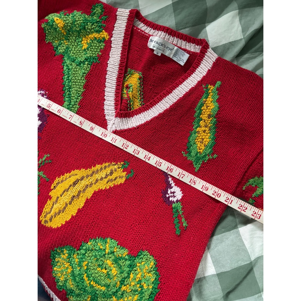 Vintage 1991 The Eagles Eye Eat Your Veggies Vegetable Red Knit Sweater Medium - Picture 7 of 8